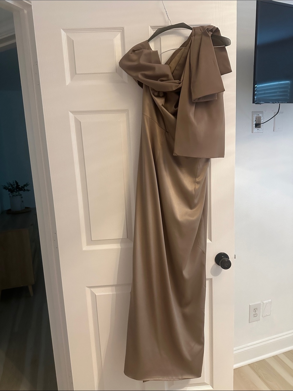 Satin One-Shoulder Evening Gown in Taupe .. Custom made !